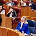 La consejera de Familia e Igualdad de Oportunidades, Isabel Blanco, sonríe durante la sesión plenaria tras aprobarse la normativa