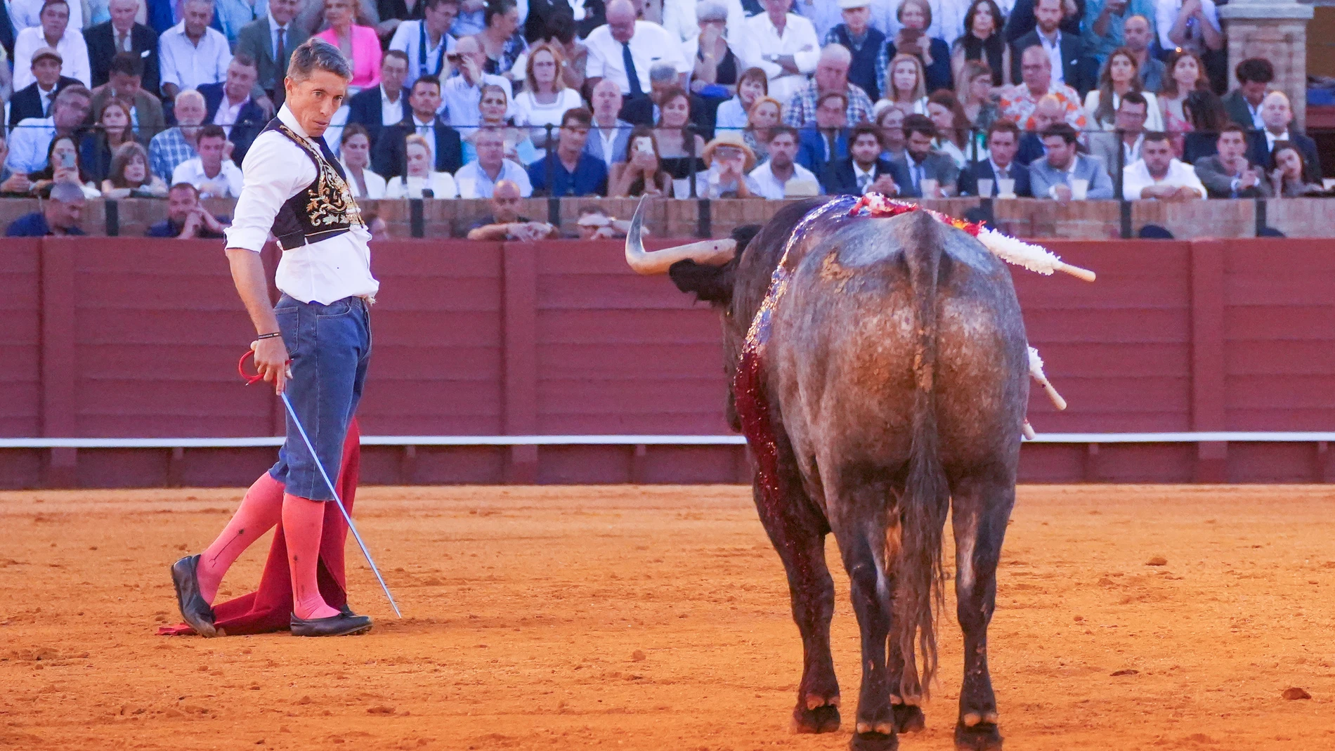 El torero, Manuel Escribano durante su faena al último de la tarde tras se operado de urgencias por una cornada de su primer toro, a 13 de abril de 2024, en Sevilla, Andalucía (España). Corrida de toros de Victorino Martín para los diestros Manuel Escribano, Borja Jiménez y Roca Rey en la Maestranza de Sevilla 13 ABRIL 2024 Francisco J. Olmo / Europa Press 13/04/2024