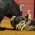 Tremenda cogida de Escribano en la tarde de la gesta de Roca en Sevilla con los Victorinos