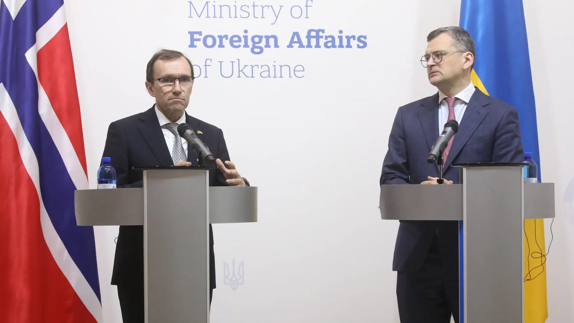 April 15, 2024, Kyiv, Ukraine: KYIV, UKRAINE - APRIL 15, 2024 - Minister of Foreign Affairs of the Kingdom of Norway Espen Barth Eide and Minister of Foreign Affairs of Ukraine Dmytro Kuleba (R) hold a joint news conference in Kyiv, capital of Ukraine. 15/04/2024