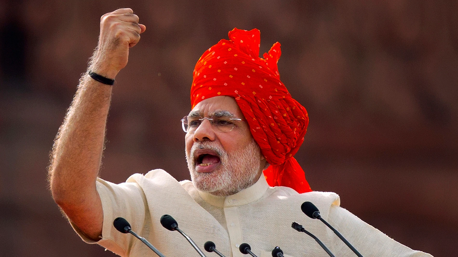 FILE- Indian Prime Minister Narendra Modi addresses the nation on the country's Independence Day in New Delhi, India, Aug. 15, 2014. Modi is campaigning for a third term in the general election starting Friday. (AP Photo/Saurabh Das, File)