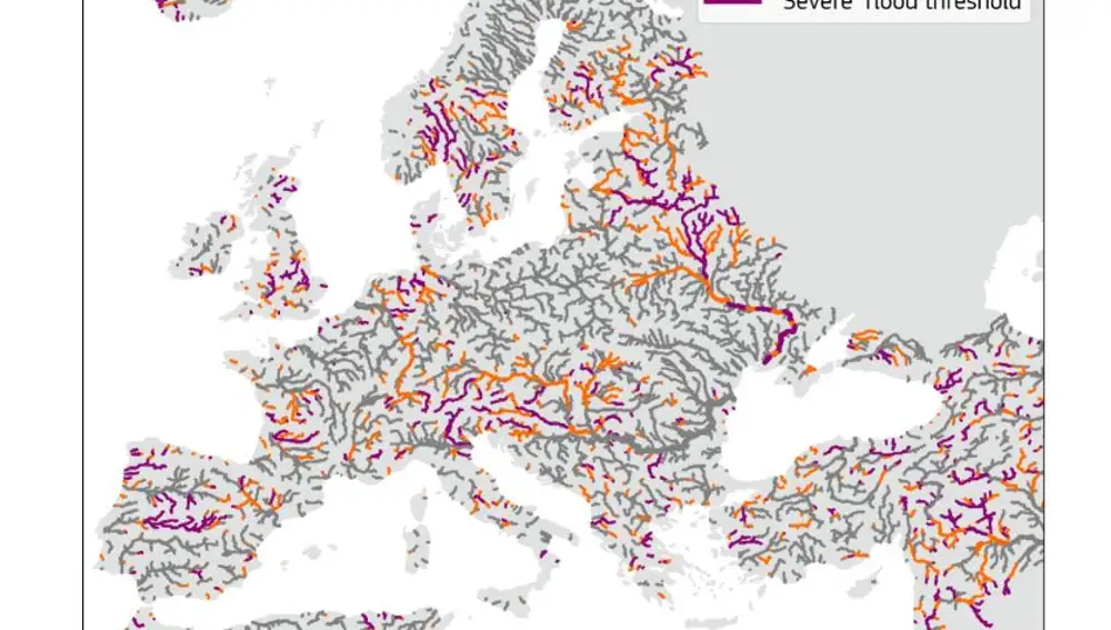 Mapa que muestra dónde superó el caudal de los ríos los umbrales de inundación «alta» (período de 5 años) y «grave» (período de 20 años) en un día determinado de 2023. Los ríos con zonas de curso superior superiores a 1.000 km2 se muestran en gris, y se colorean de naranja cuando el caudal del río superó el umbral de inundación «alta» y de morado cuando superó el umbral de inundación «grave».