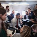 UK Prime Minister Rishi Sunak speaks to journalists on board a plane on his way to Warsaw during his visit to Poland and Germany. 