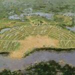 Representación artística de una ciudad prehistórica instalada en Poverty Point