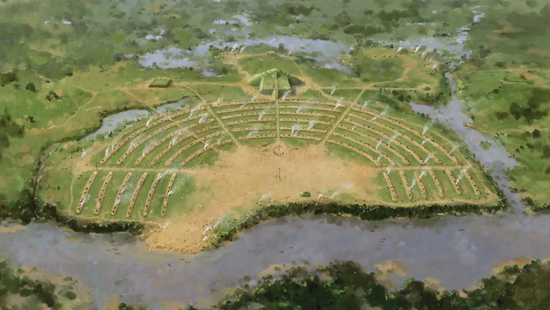 Representación artística de una ciudad prehistórica instalada en Poverty Point