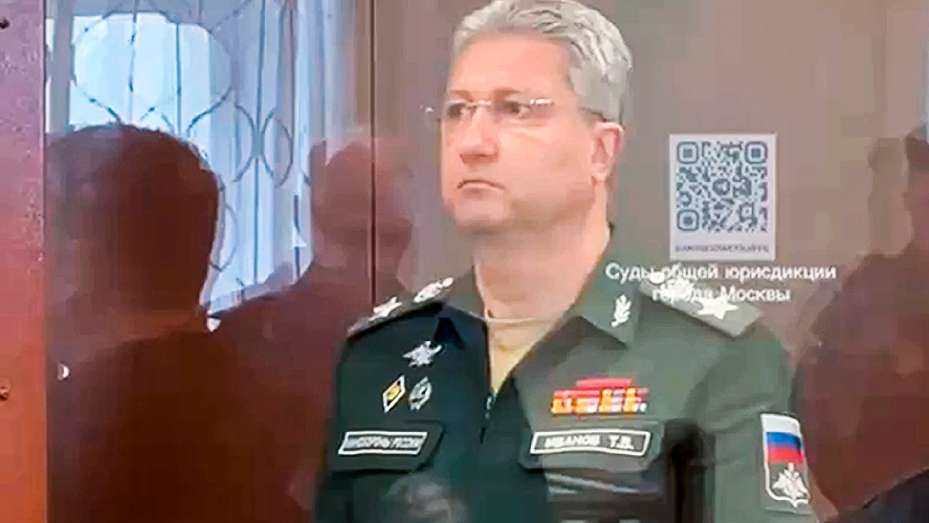 This photo taken and released by Basmanny District Court press service on Wednesday, April 24, 2024, shows Timur Ivanov, Russian deputy Defense Minister, standing in a glass cage in the Basmanny District Court in Moscow, Russia. Russia. Ivanov, a top Russian military official, was arrested on suspicion of accepting a bribe, The Investigative Committee, Russia's top law enforcement agency, reported Ivanov's detention on Tuesday without offering any details of the accusations against him, sayin...