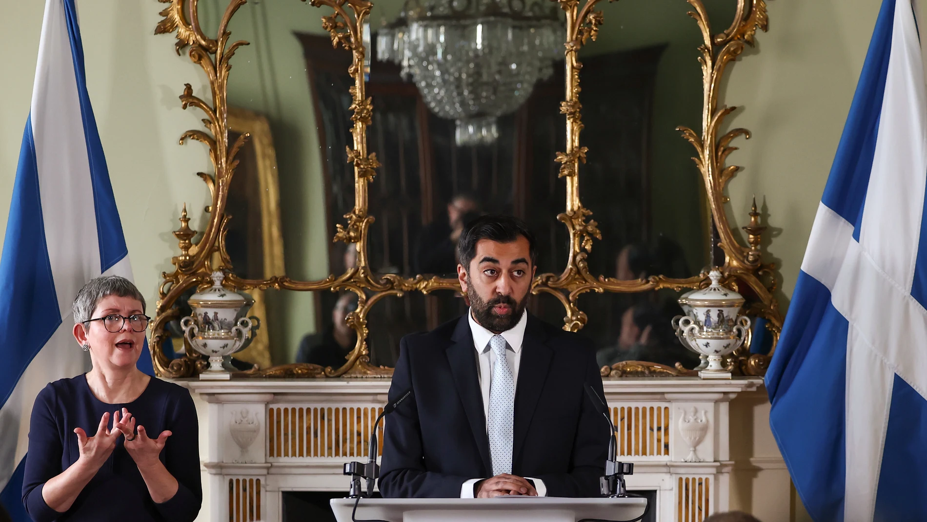 Scotland's First Minister Humza Yousaf speaks during a press conference at Bute House, Edinburgh, Thursday, April 25, 2024. Scotland’s leader is facing a potential battle for survival after ending a three-year power-sharing agreement with the Scottish Green Party following a clash over climate change policies. First Minister Humza Yousaf of the Scottish National Party informed the leaders of the much smaller Greens on Thursday that he was terminating the power-sharing agreement. (Jeff J Mitch...