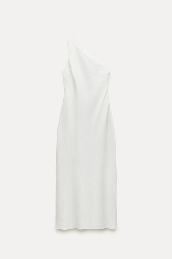Vestido de lino con escote asimétrico.