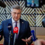 Croatia's Prime Minister Andrej Plenkovic briefs media at the EU Council 