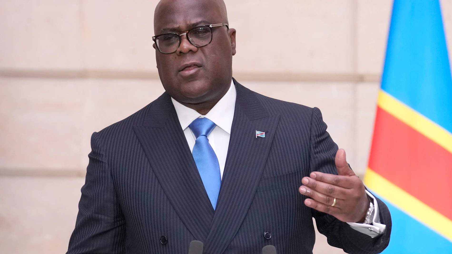 Paris (Fra), 30/04/2024.- President of the Democratic Republic of the Congo Felix Tshisekedi speaks during a joint press conference with the French president following their meeting at the Elysee Palace in Paris, France, 30 April 2024. (Francia) EFE/EPA/CHRISTOPHE ENA / POOL MAXPPP OUT