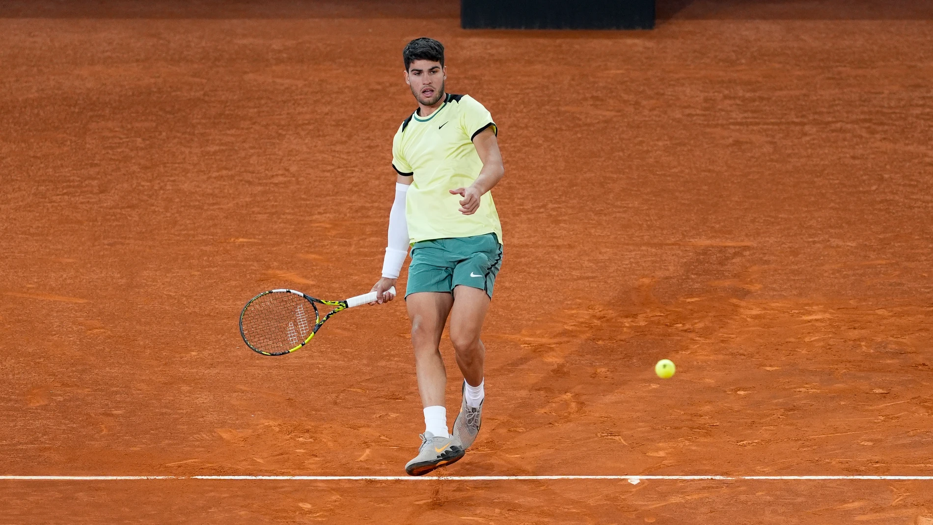 Carlos Alcaraz of Spain in action against Andrey Rublev of Russia during the Mutua Madrid Open 2024, ATP Masters 1000 and WTA 1000, tournament celebrated at Caja Magica on May 01, 2024 in Madrid, Spain.AFP7 01/05/2024 ONLY FOR USE IN SPAIN