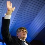 El expresidente de la Generalitat de Catalunya y candidato de Junts a las elecciones catalanas, Carles Puigdemont, durante un acto de campaña, en Jean Carrère Space, a 1 de mayo de 2024, en Argelès (Francia).