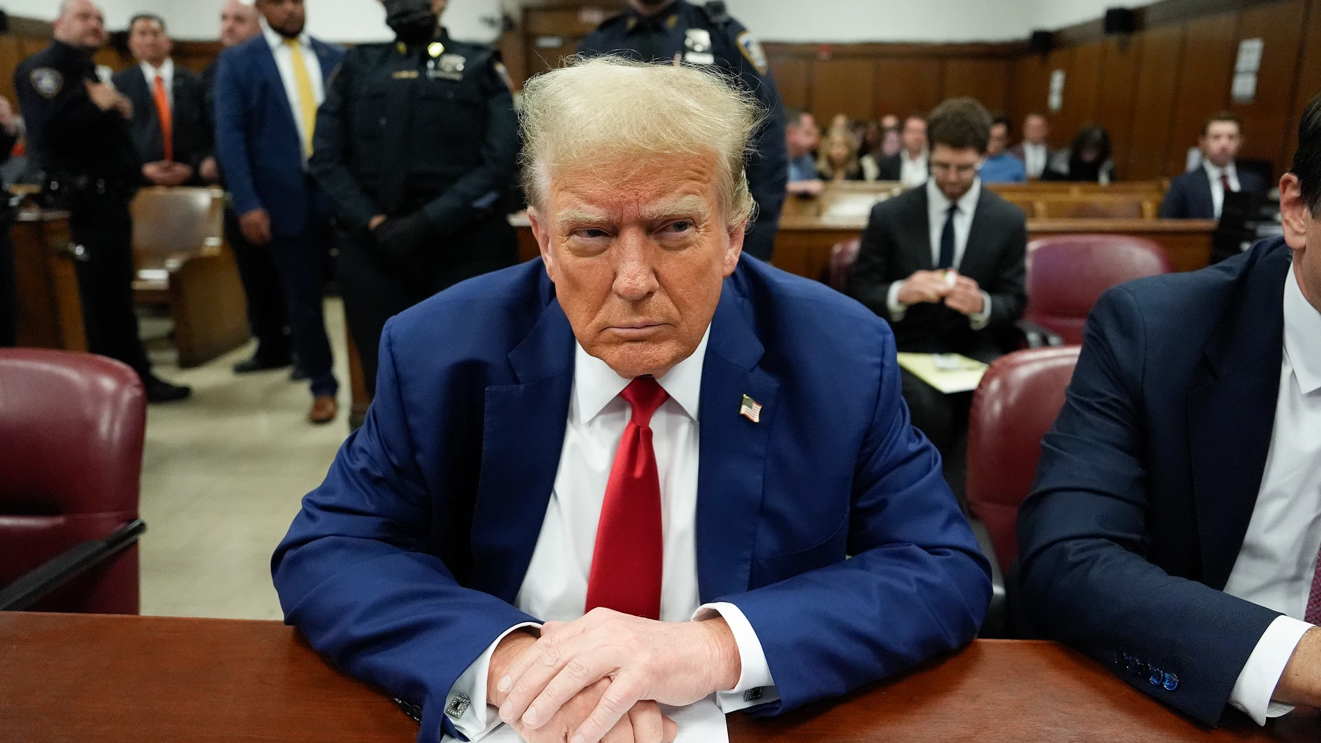 Former President Donald Trump awaits the start of proceedings in his trial at Manhattan criminal court, Monday, May 6, 2024, in New York. (AP Photo/Julia Nikhinson, Pool)