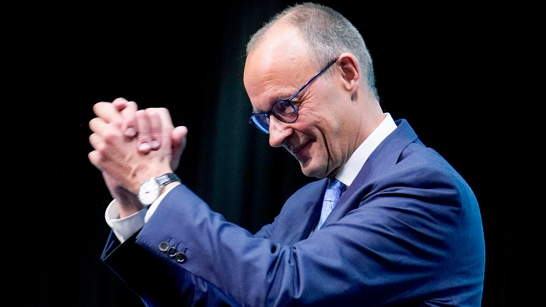 Christian Democratic Party leader Friedrich Merz reacts at a CDU party convention in Berlin, Germany, Monday, May 6, 2024. (AP Photo/Ebrahim Noroozi)