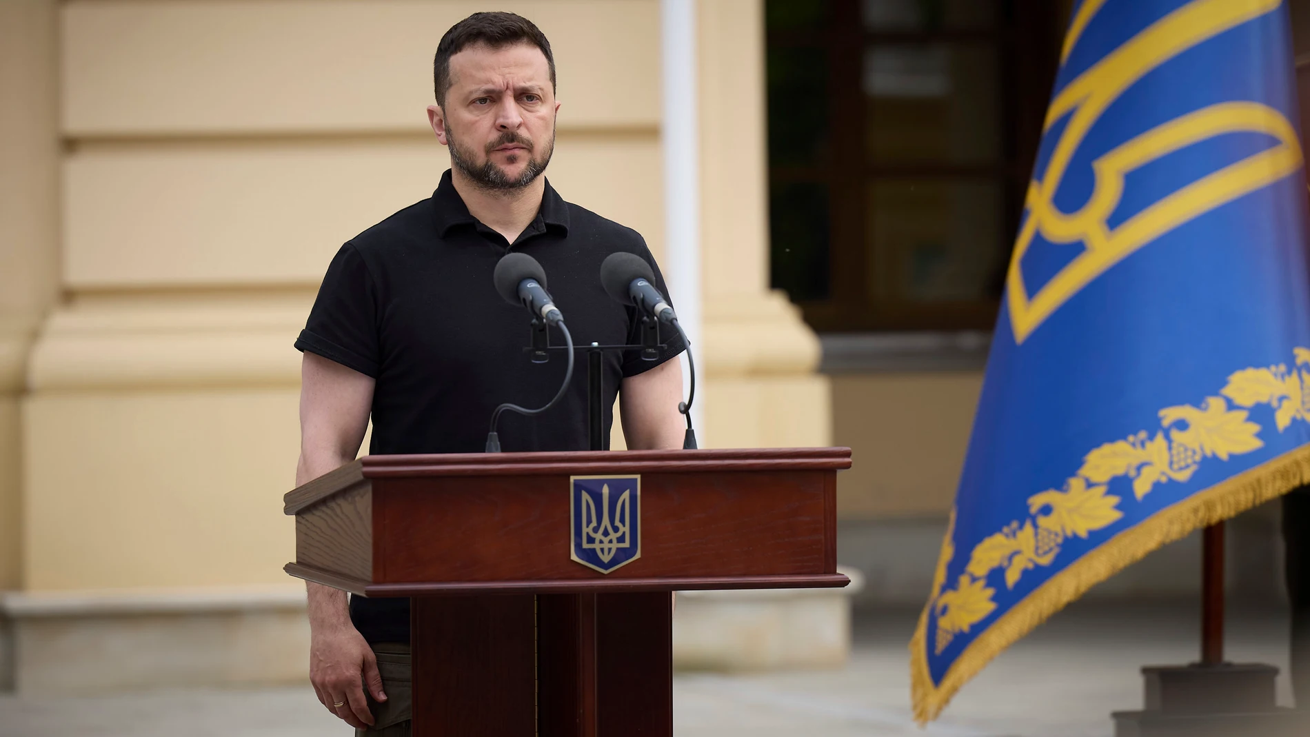 May 6, 2024, Kyiv, Kiev Oblast, Ukraine: Ukrainian President Volodymyr Zelenskyy stands for a moment of silence during Infantry Day celebrations on Constitution Square, May 6, 2024, in Kyiv, Ukraine. 06/05/2024