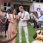 Prince Harry and Meghan visit children at the Lights Academy in Abuja, Nigeria, Friday, May 10, 2024. Prince Harry and his wife Meghan have arrived in Nigeria to champion the Invictus Games, which he founded to aid the rehabilitation of wounded and sick servicemembers and veterans.