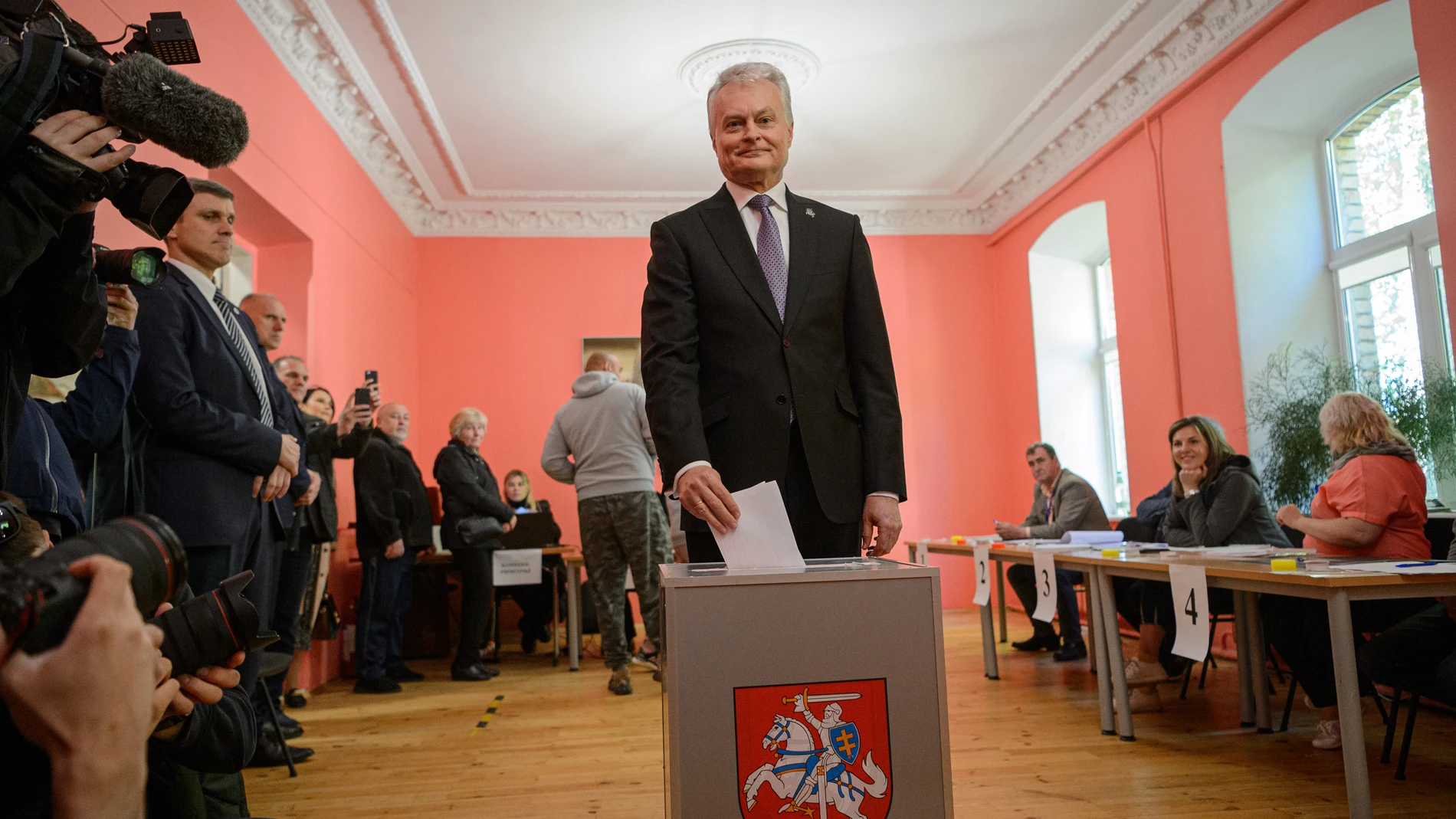 May 12, 2024, Vilnius, Lithuania: Lithuania's President Gitanas Nauseda casts his vote during the first round of Lithuania's presidential election at a polling station in Vilnius. Lithuania's President Gitanas Nauseda voted in the first round of Lithuania's presidential election at a polling station in Vilnius. 12/05/2024