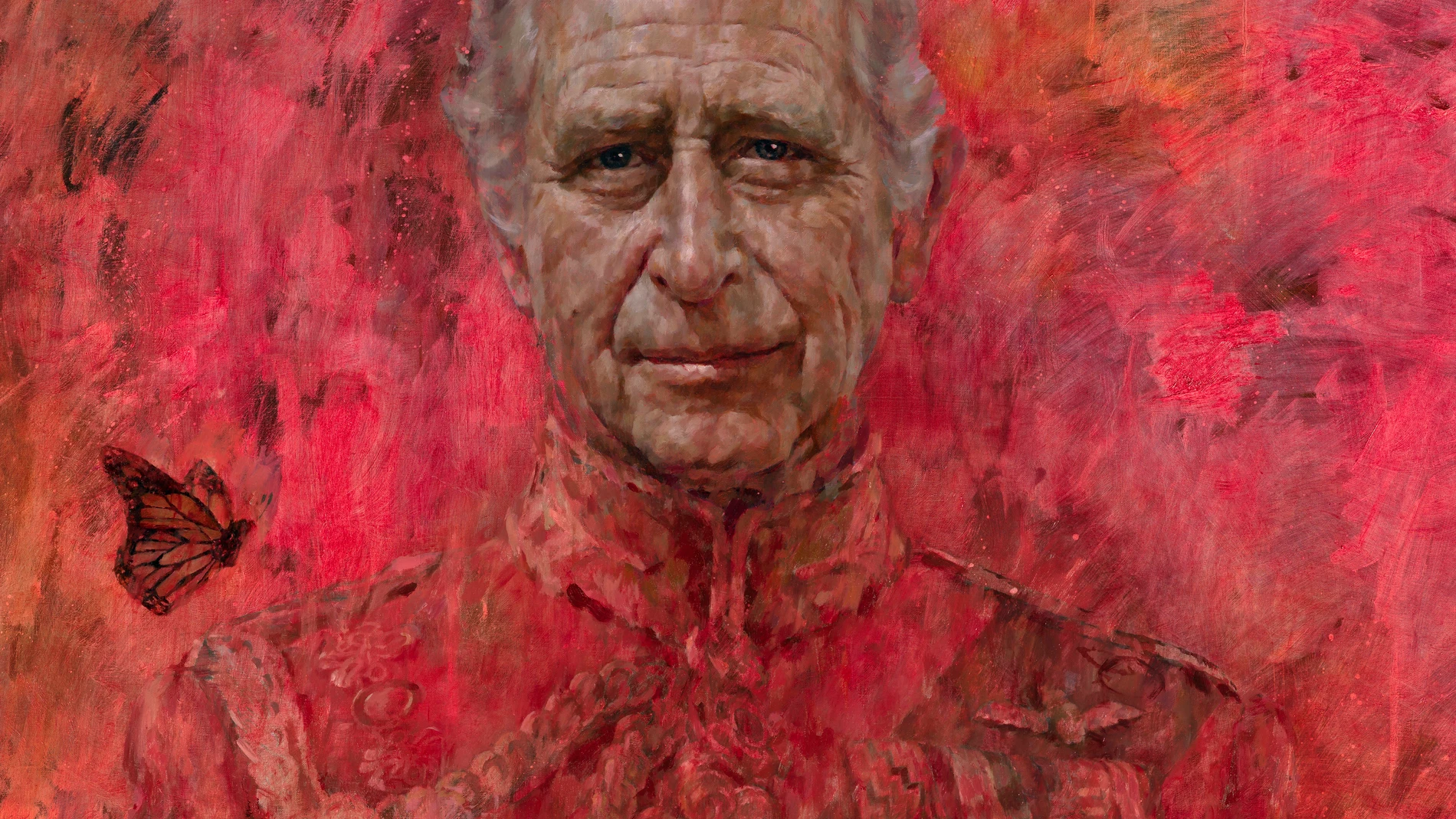 LONDRES, 14/05/2024.- Retrato oficial de Carlos III, el primero desde su coronación, del artista Jonathan Yeo. Realizado sobre un lienzo de grandes dimensiones, en él aparece con el uniforme de la Guardia de Gales, una mariposa en su hombro y todo teñido de rojo. EFE/Jonathan Yeo FOTO CEDIDA SÓLO USO EDITORIAL SOLO USO PERMITIDO PARA ILUSTRAR LA NOTICIA QUE APARECE EN EL PIE DE FOTO CRÉDITO OBLIGATORIO NO VENTAS PROHIBIDO SU USO DESPUÉS DEL 14 DE JUNIO DE 2024