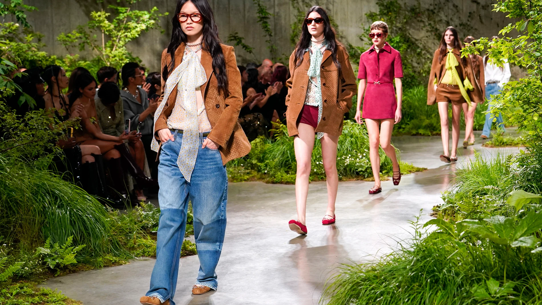 Models showcase outfits for the Gucci Cruise fashion show in London, Monday, May 13, 2024. (Photo by Alberto Pezzali/Invision/AP)