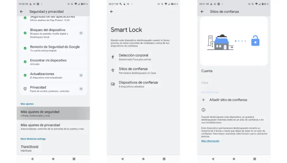 Pasos para establecer un sitio de confianza en un móvil Android.