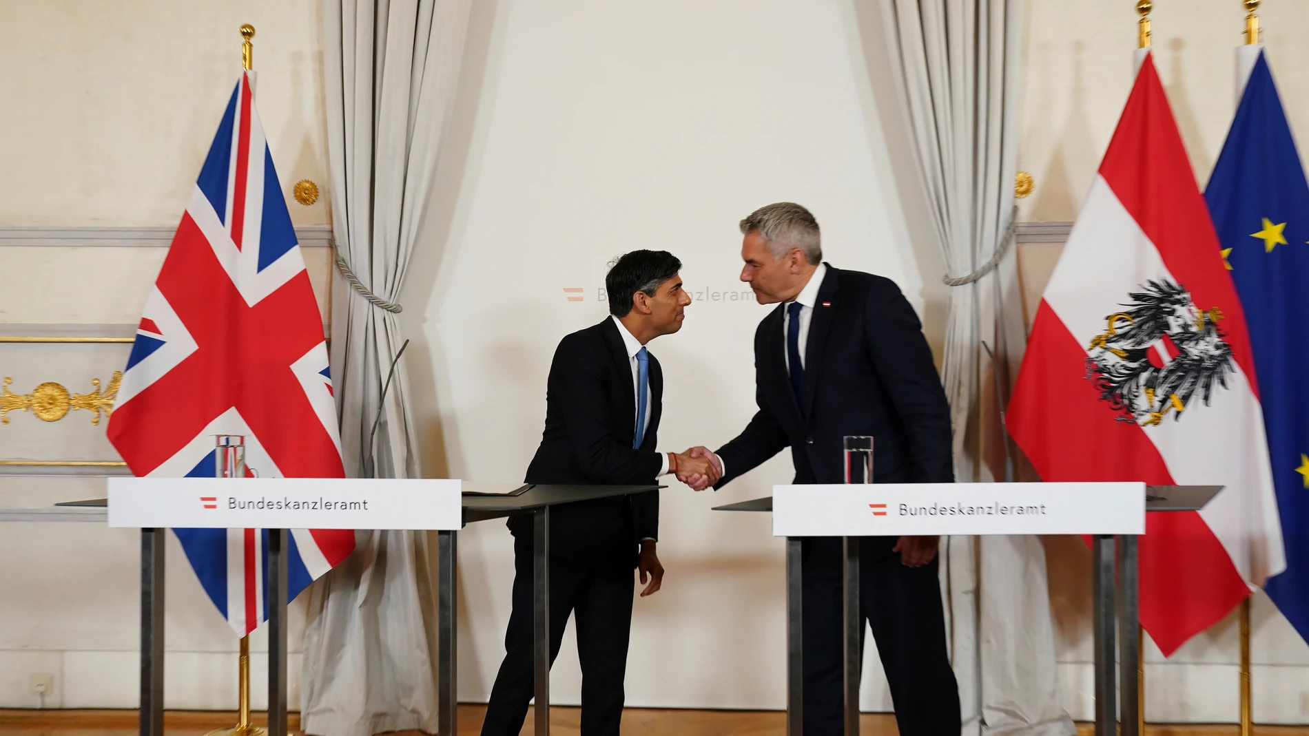 Prime Minister Rishi Sunak, left, at a joint press conference with the Chancellor of Austria, Karl Nehammer, at Federal Chancellery Ballhausplatz in Vienna, during a visit to Austria, Tuesday May 21, 2024. (Jordan Pettitt/pool photo via AP)