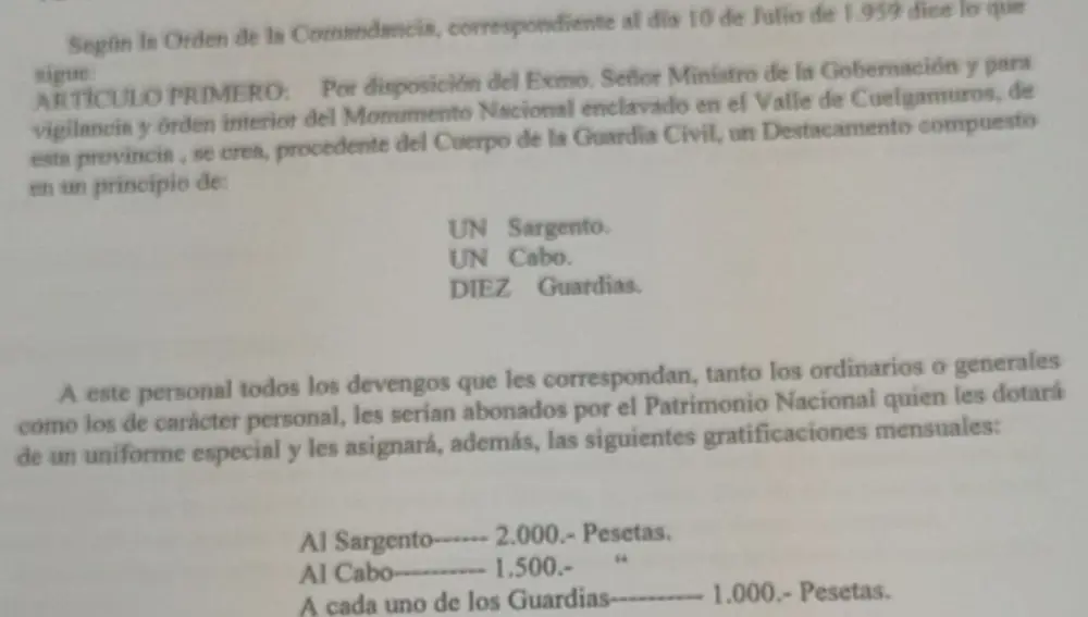 Primeras disposiciones, con fecha de 10 de julio de 1959, para el personal del destacamento de la Guardia Civil en el Valle de los Caídos