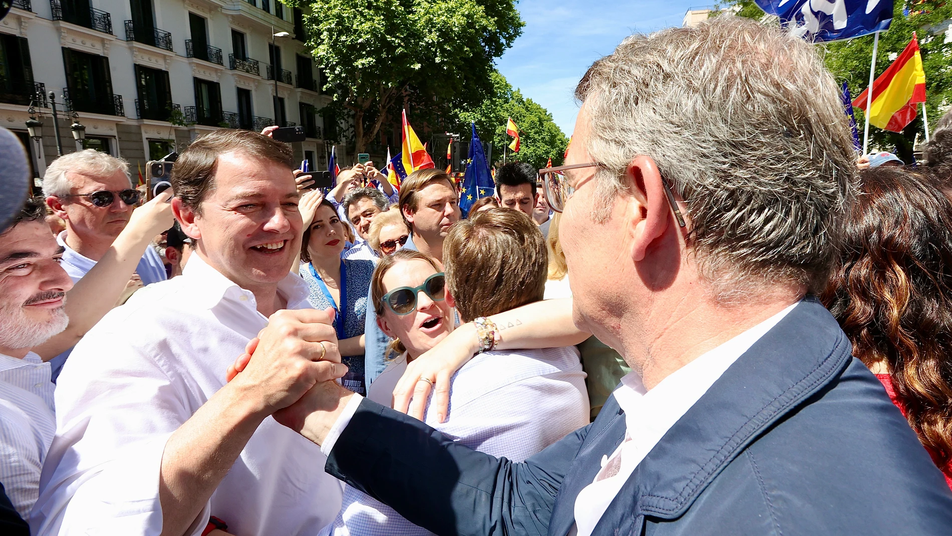 Alfonso Fernández Mañueco saluda a Alberto Núñez Feijóo en la manifestación celebrada este domingo en Madrid