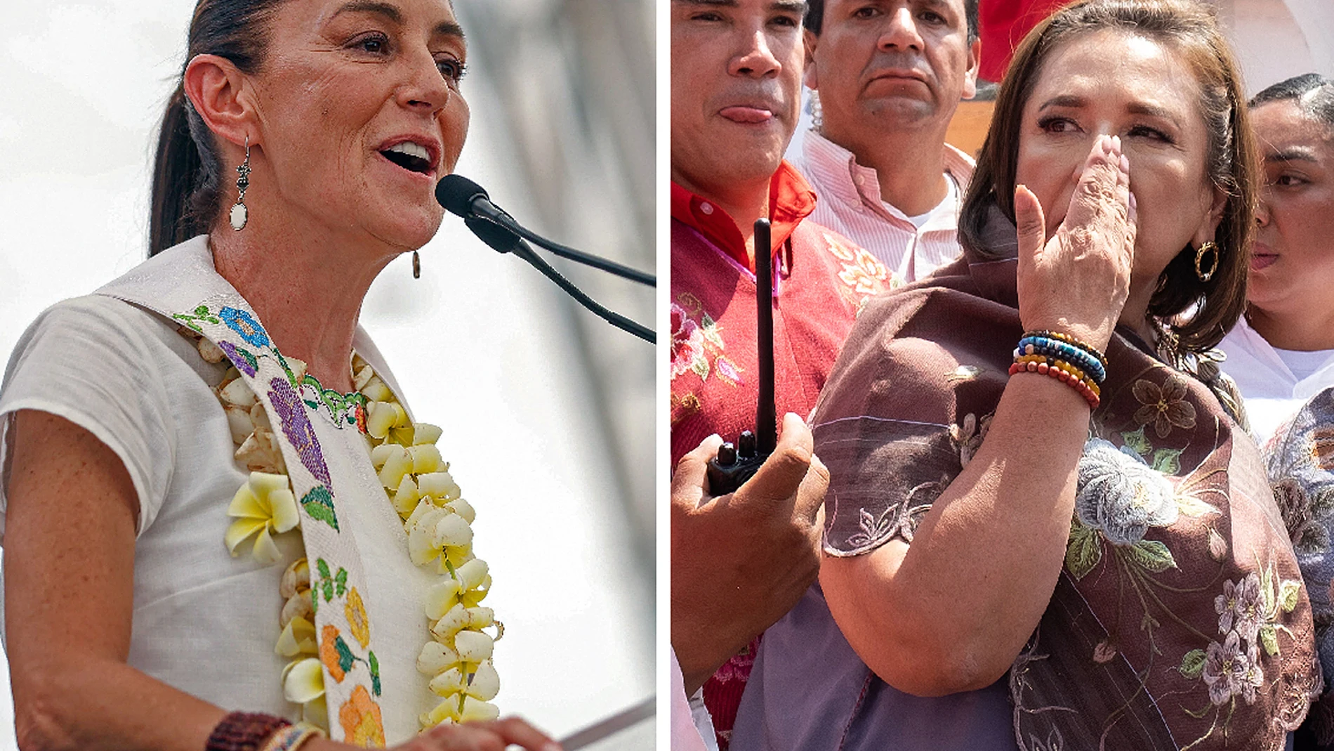 MEX8988. TUXTLA GUTIÉRREZ (MÉXICO), 26/05/2024.- Combo de fotografías este domingo donde se observa las candidatas a la presidencia de México la oficialista, Claudia Sheinbaum (i) y la opositora Xóchitl Gálvez (d) durante su participación en diferentes actos políticos en el municipio de Tuxtla Gutiérrez, en el estado de Chiapas (México). A una semana de las elecciones del 2 junio en México, las más grandes en la historia del país, y a tres días del cierre de campañas, la oficialista, Claudia ...
