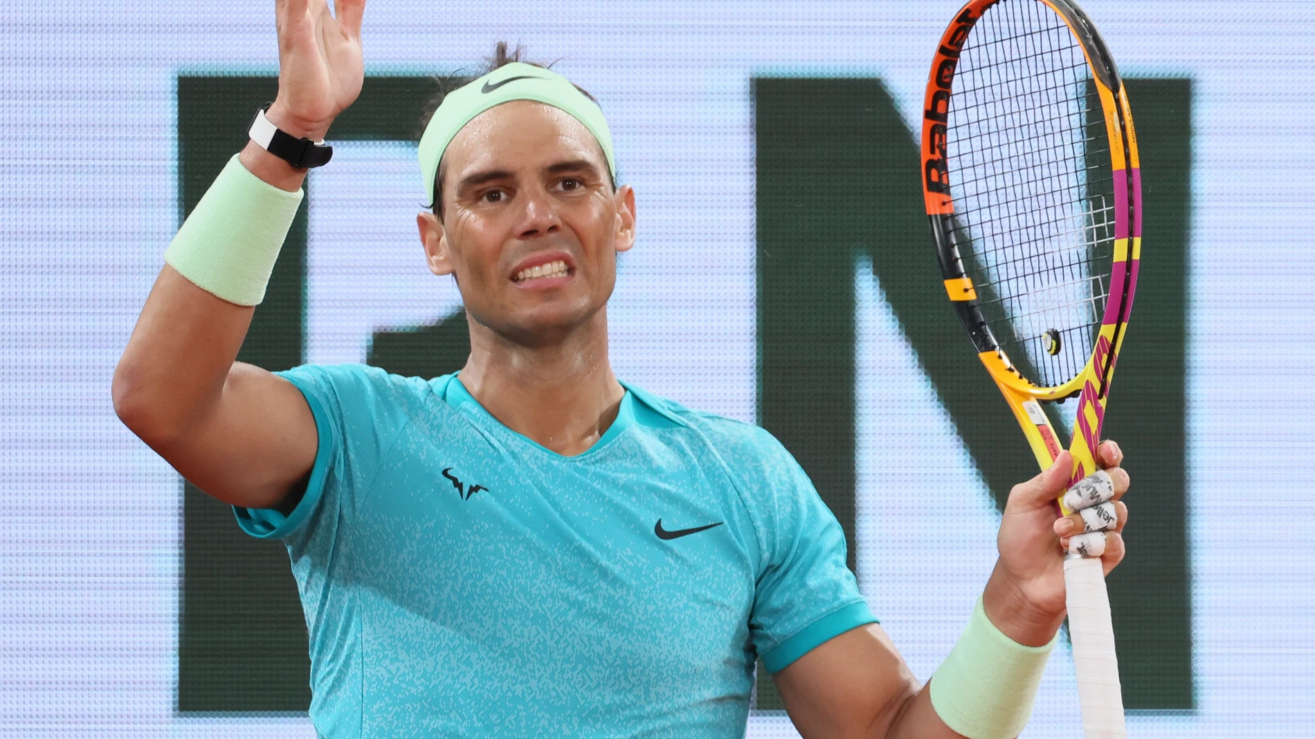 27 May 2024, France, Paris: Spanish tennis player Rafael Nadal reacts during his men's singles match of the French Open tennis tournament against Germany's Alexander Zverev at the Roland Garros Complex in Paris. Photo: Benoit Doppagne/Belga/dpa 27/05/2024 ONLY FOR USE IN SPAIN