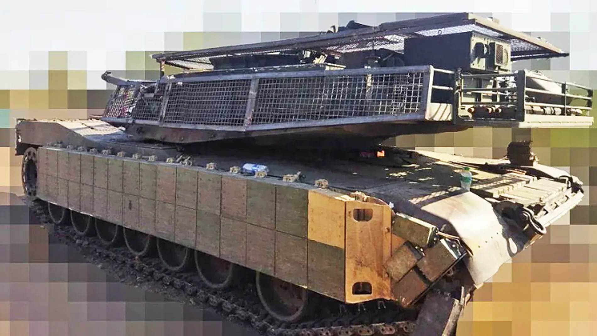 Un tanque de EEUU Abrams en Ucrania con una pantalla metálica protectora