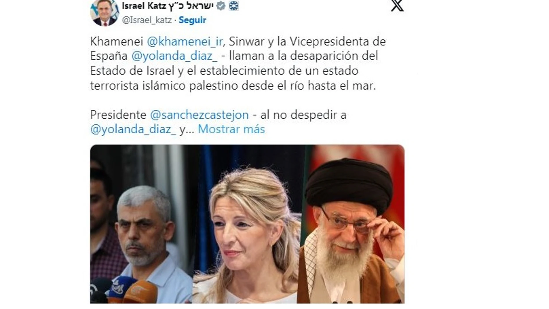 Tuit del ministro de Exteriores israeli con el ayatola Jamenei y el líder de Hamás