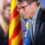  Former Catalan Regional President Carles Puigdemont arrives to speak to the media in Brussels, Belgium, 31 May 2024.