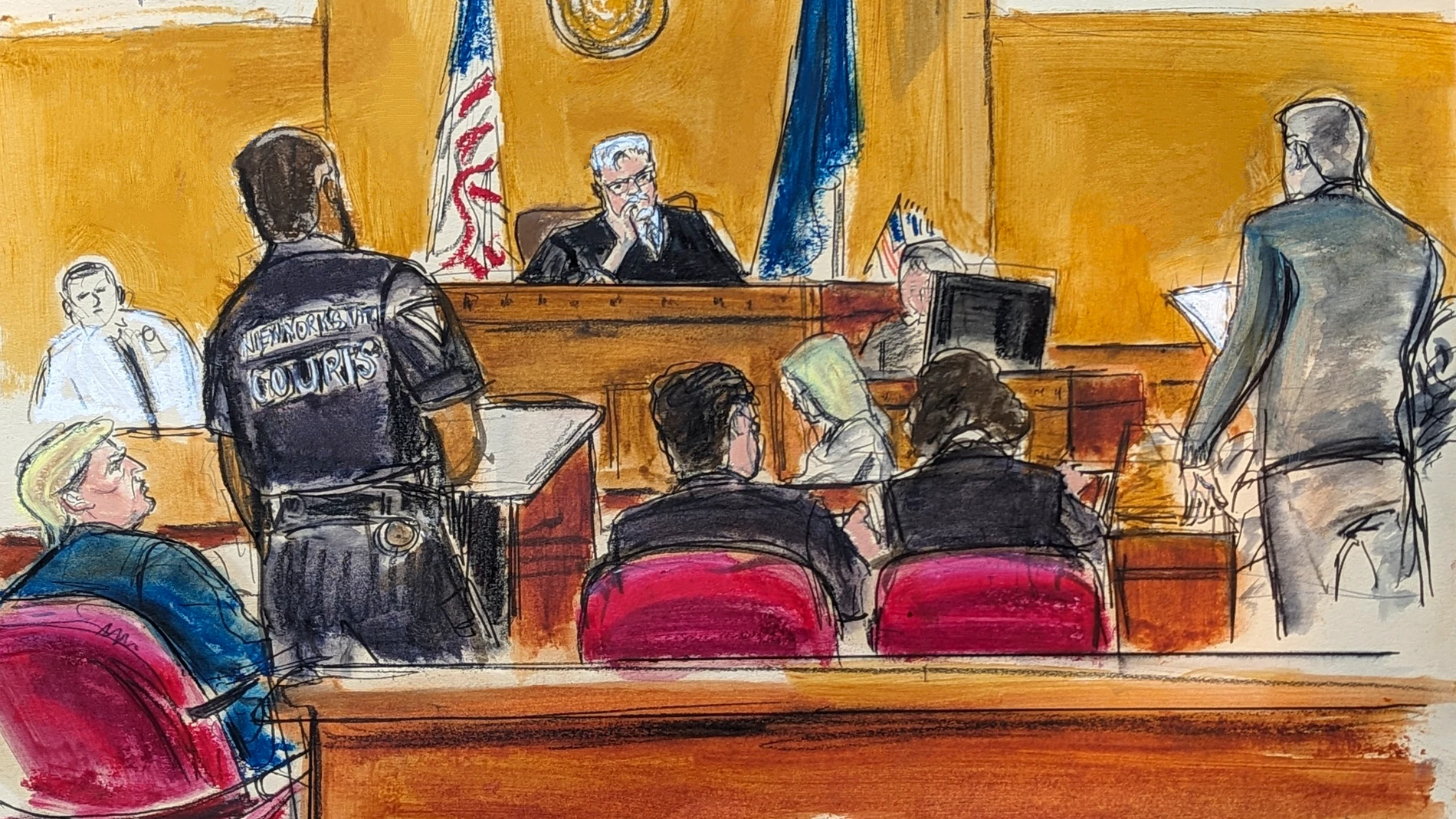 Donald Trump, far left, watches watches as jury foreperson #1 delivers guilty verdicts with judge Juan Merchan listening on the bench in Manhattan Criminal Court, Thursday, May 30, 2024, in New York. Donald Trump became the first former president to be convicted of felony crimes as a New York jury found him guilty of 34 felony counts of falsifying business records in a scheme to illegally influence the 2016 election through hush money payments to a porn actor who said the two had sex. (Elizab...