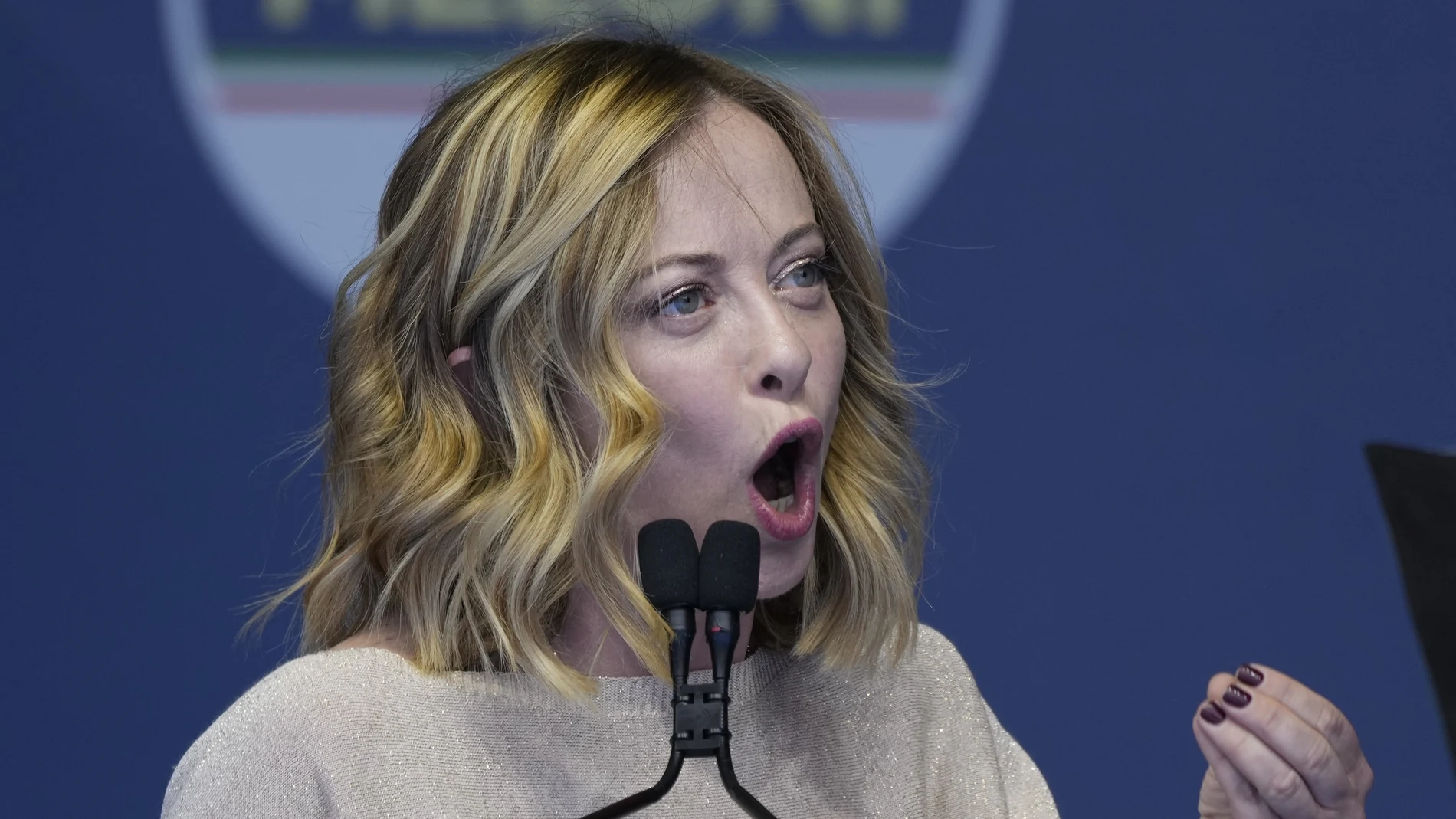 Italian Premier Giorgia Meloni delivers her speech during at an electoral rally ahead of the EU parliamentary elections that will take place in Italy on 8 and 9 June, in Rome, Saturday, June 1, 2024.
