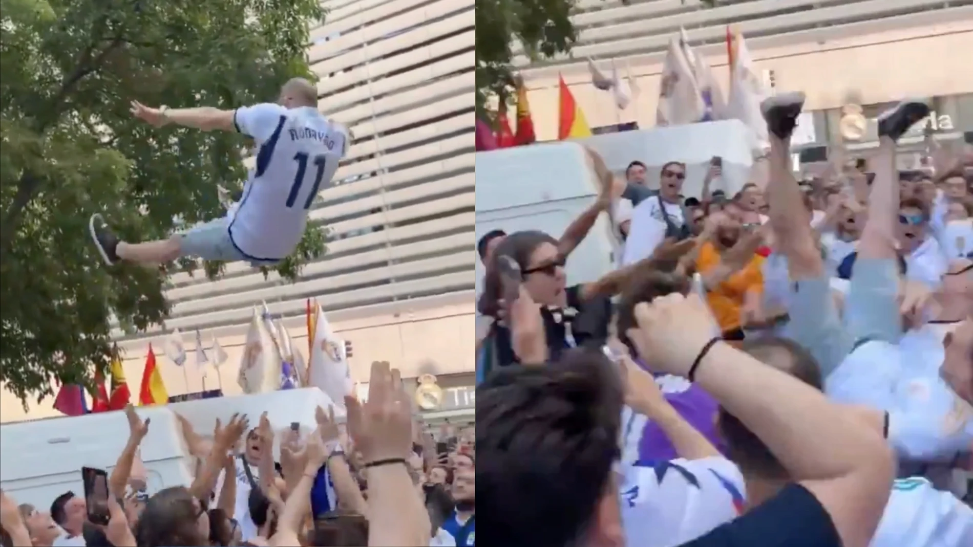 Captura del vídeo en el que un aficionado del Real Madrid se tira de espaldas y cae al suelo