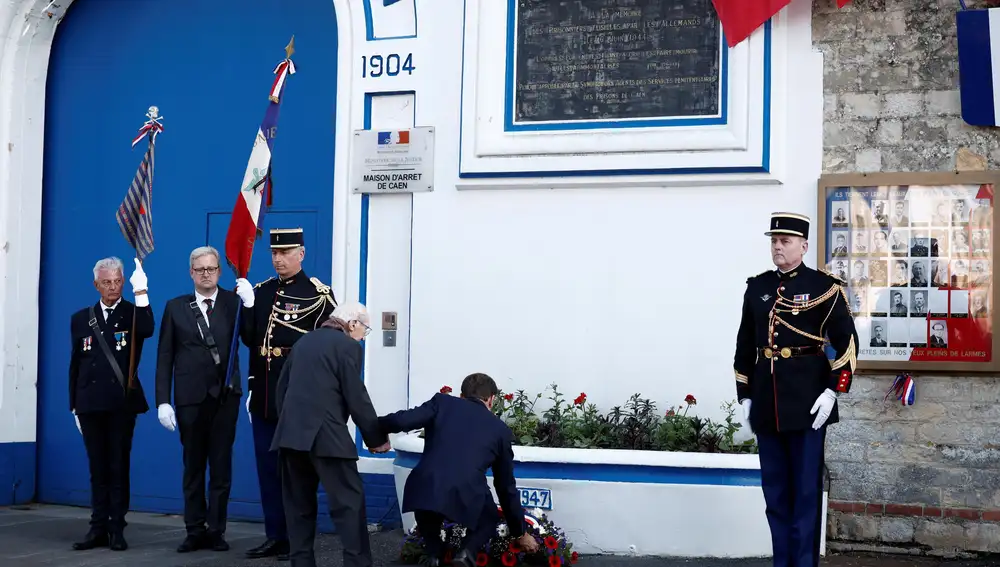French President Macron pays tribute to French Resistance fighters in Caen