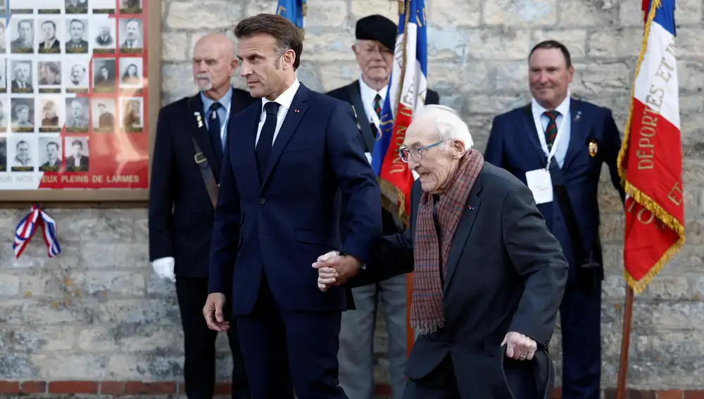 French President Macron pays tribute to French Resistance fighters in Caen