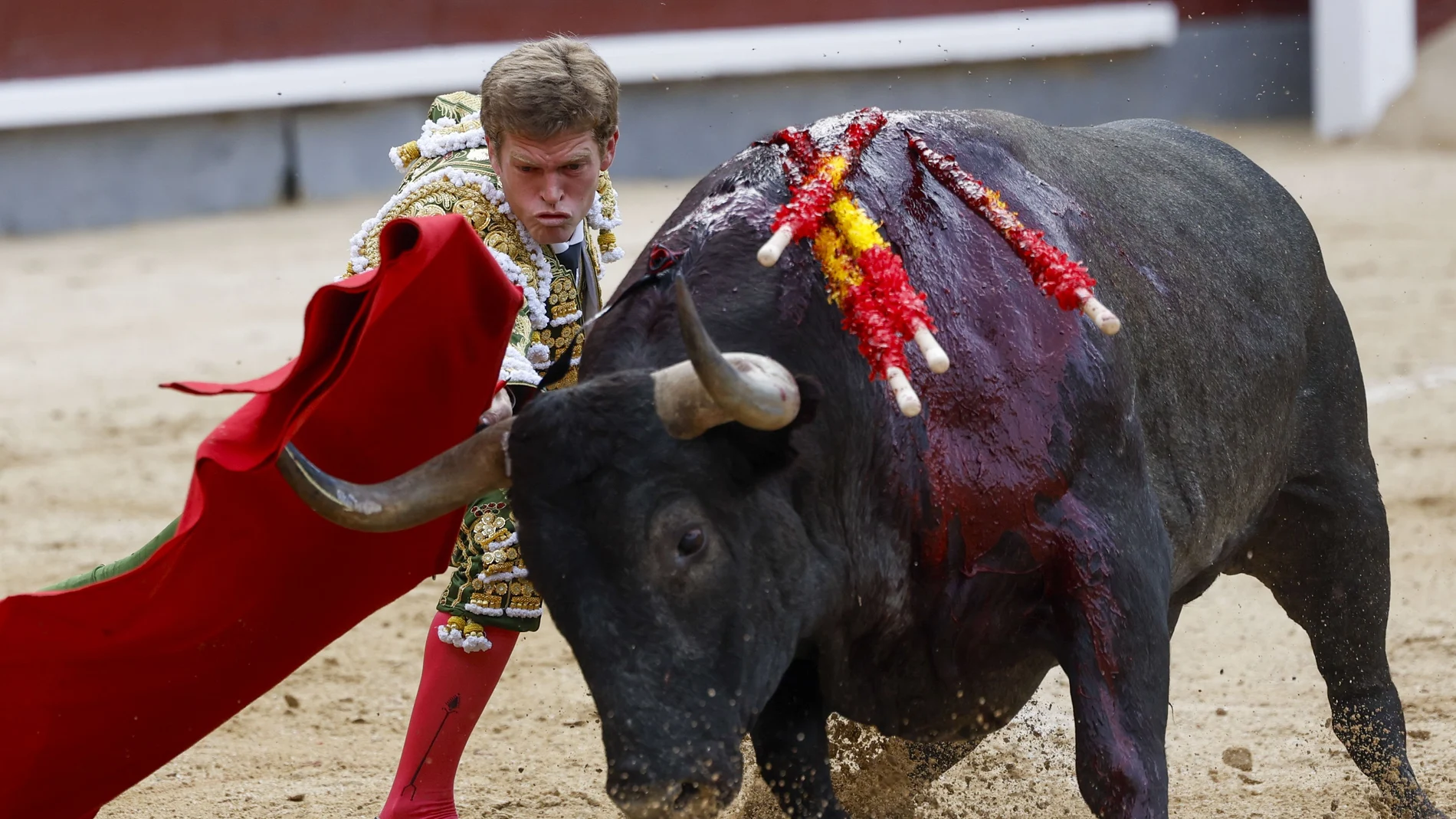 El diestro Borja Jiménez da un pase durante la Corrida de la Asociación de la Prensa dentro de la Feria de San Isidro, este miércoles en la plaza de toros de Las Ventas en Madrid.