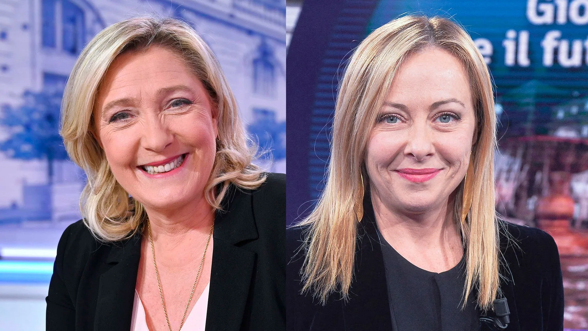 Giorgia Meloni (der.) aplaudió el triunfo de Marine Le Pen (izq.) en las elecciones europeas
