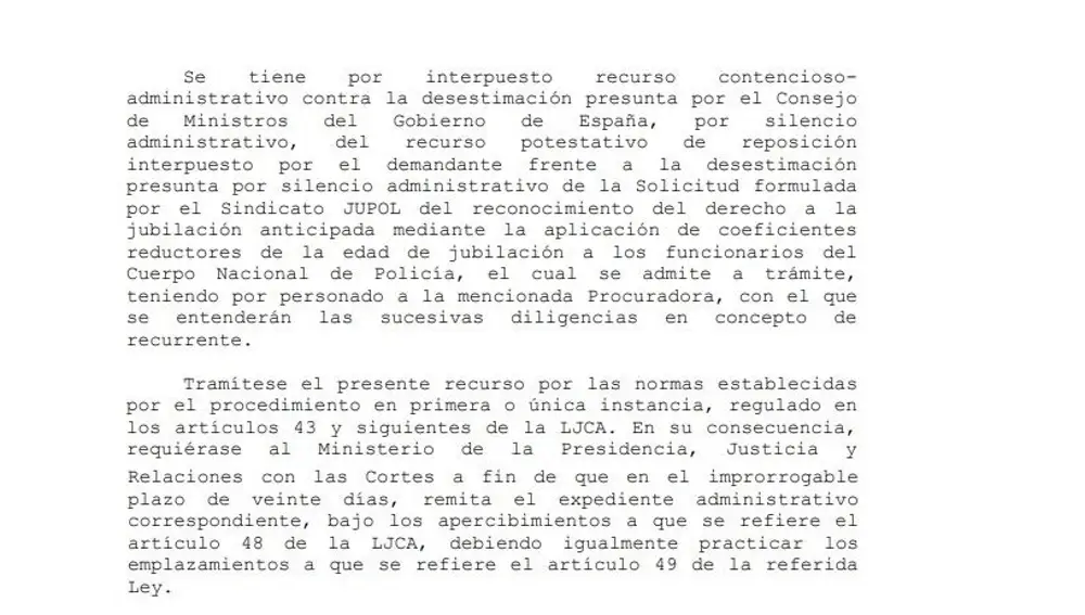 El Supremo reclama al Gobierno el expediente administrativo correspondiente sobre la jubilación de los policías
