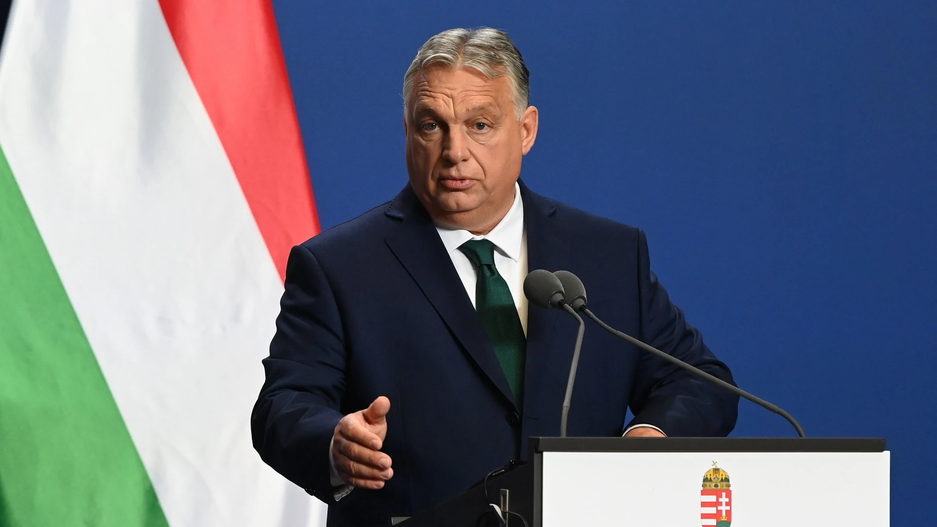 Budapest (Hungary), 12/06/2024.- Hungarian Prime Minister Viktor Orban speaks during a joint press conference with NATO Secretary General Jens Stoltenberg (not pictured) following their meeting at the government headquarters in Budapest, Hungary, 12 June 2024. (Hungría) EFE/EPA/ZOLTAN MATHE HUNGARY OUT