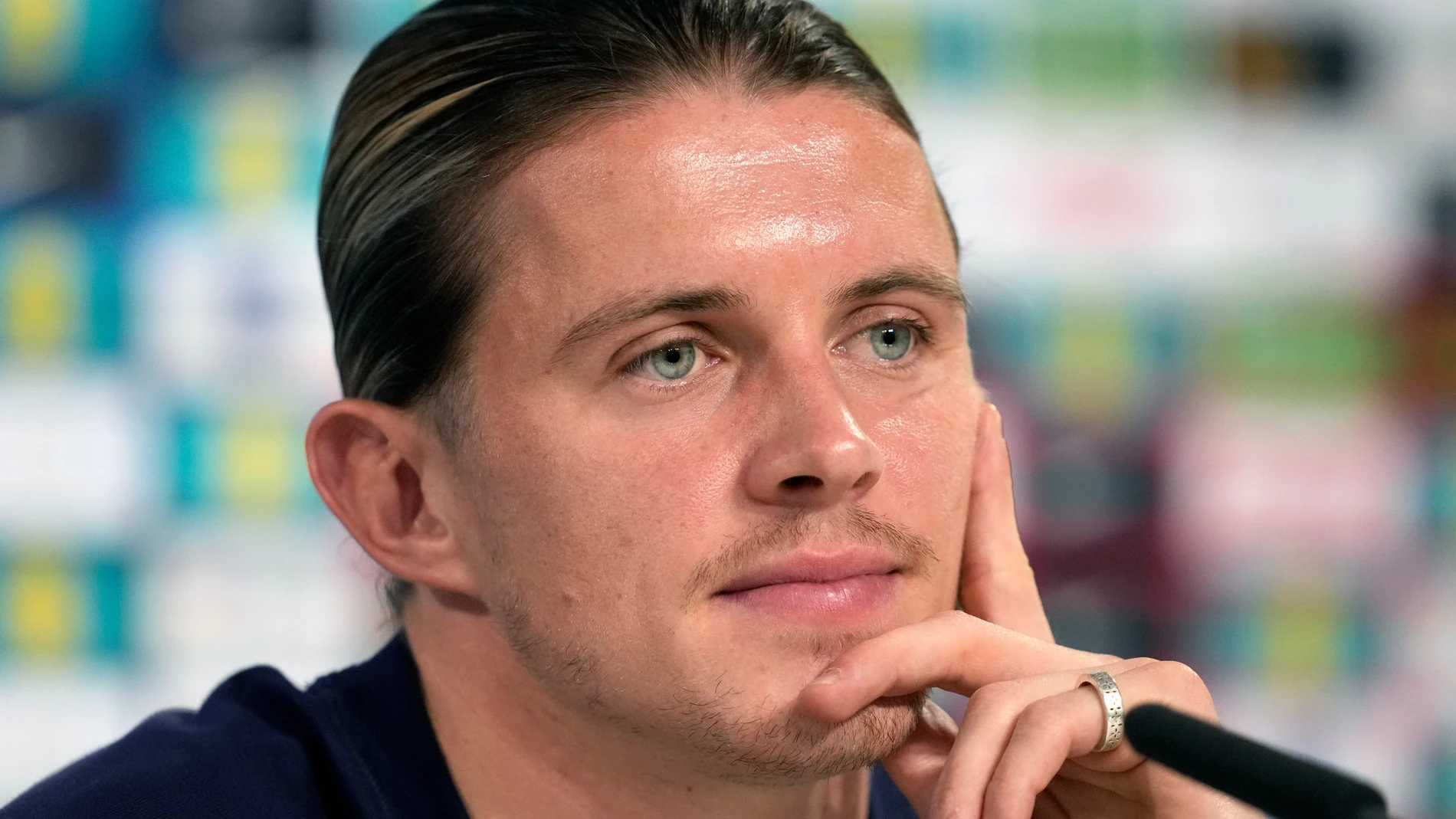 England's Conor Gallagher listens a question during a press conference in Blankenhain, Germany, Thursday, June 13, 2024 ahead of their Group C soccer match against Serbia at the Euro 2024 soccer tournament. (AP Photo/Thanassis Stavrakis)