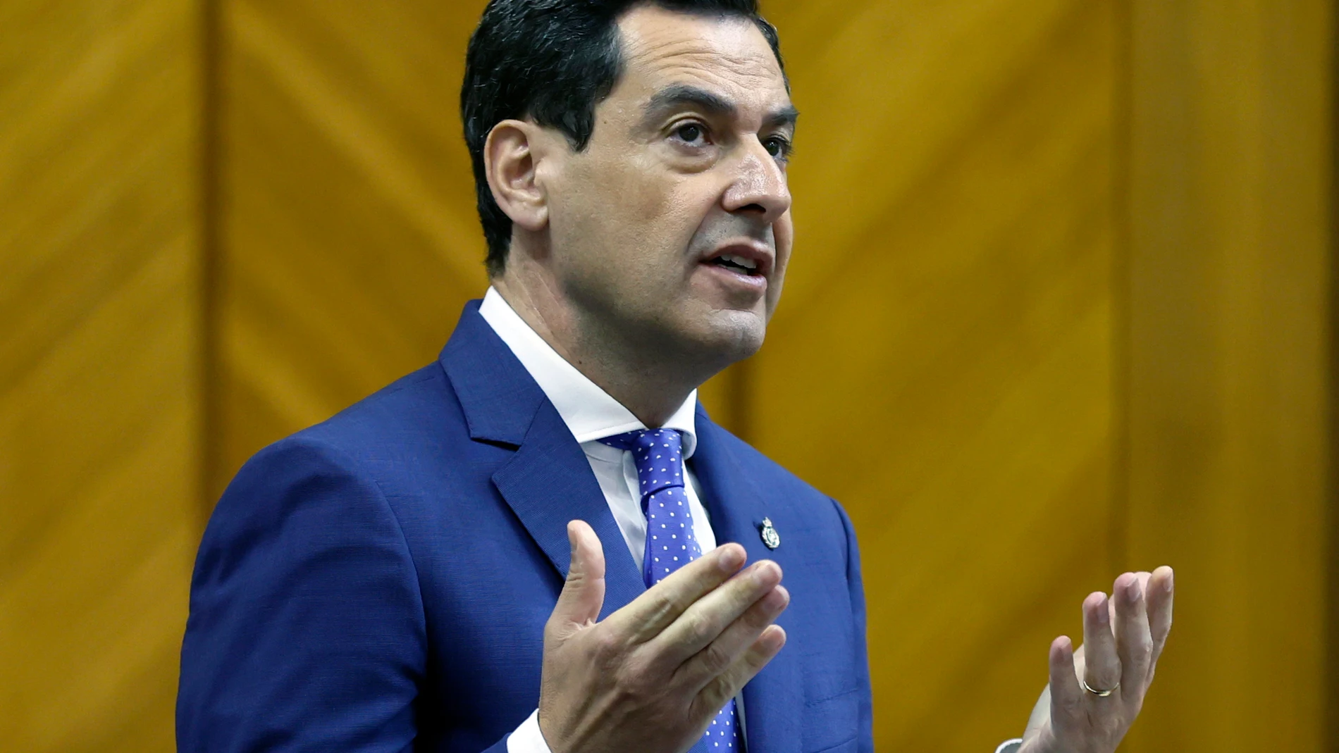 GRAFAND1803. SEVILLA, 13/06/2024.- El presidente de la Junta de Andalucía, Juanma Moreno, durante su intervención en la sesión de control al Gobierno en el Parlamento andaluz este jueves en Sevilla. EFE/José Manuel Vidal