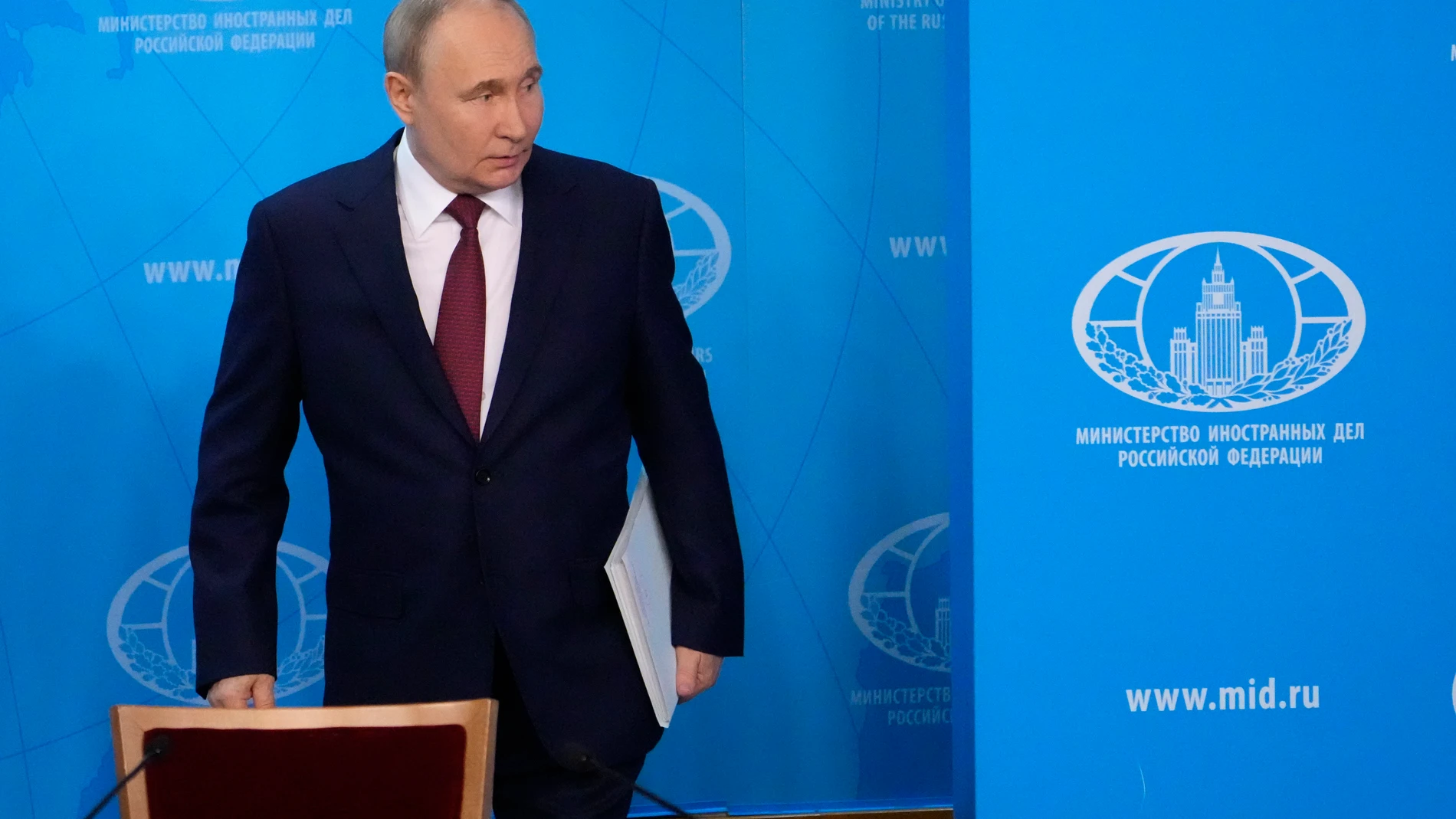 Russian President Vladimir Putin arrives to a meeting at the Russian Foreign Ministry in Moscow, Russia, Friday, June 14, 2024. (AP Photo/Alexander Zemlianichenko)