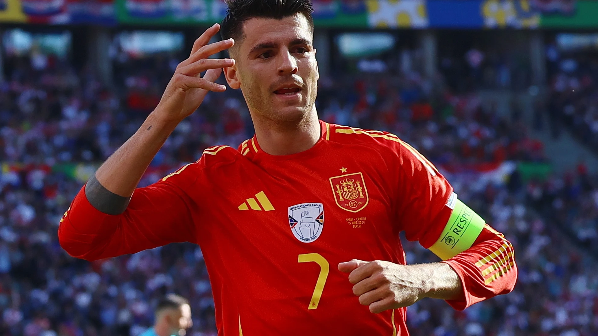 Berlin (Germany), 15/06/2024.- Alvaro Morata of Spain celebrates after scoring the opening goal in the UEFA EURO 2024 group B match between Spain and Croatia in Berlin, Germany, 15 June 2024. (Croacia, Alemania, España) EFE/EPA/FILIP SINGER