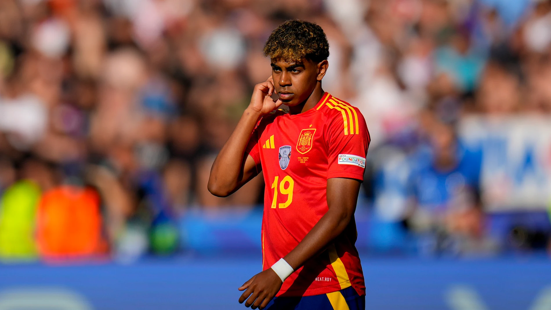 Spain's Lamine Yamal follows the action during a Group B match between Spain and Croatia at the Euro 2024 soccer tournament in Berlin, Germany, Saturday, June 15, 2024. (AP Photo/Manu Fernandez)