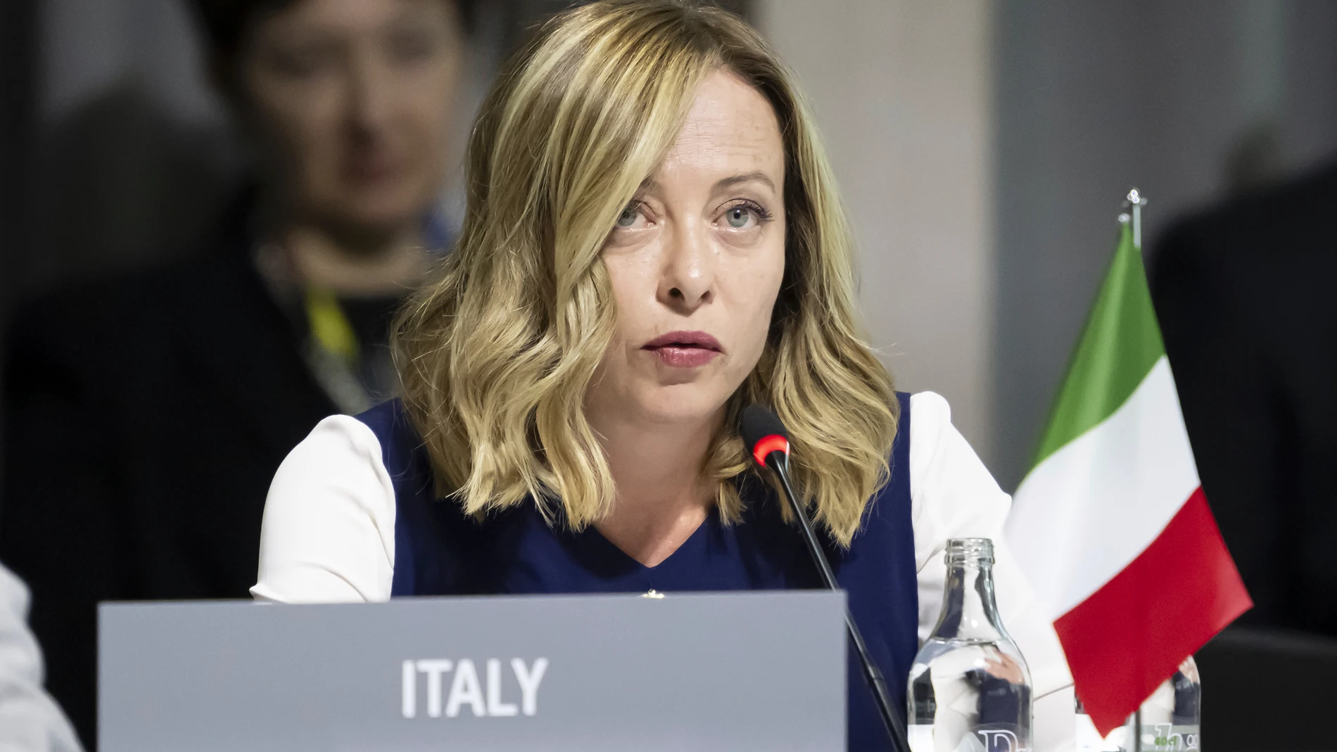 Italy's Prime Minister Giorgia Meloni attends a plenary session, during the Summit on peace in Ukraine, in Obbürgen, Switzerland, Sunday, June 16, 2024. (Alessandro Della Valle/Keystone via AP)