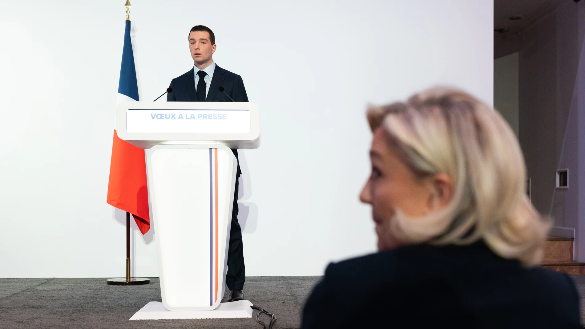 January 15, 2024, Paris, France, France: Paris, France, January, 2024 - President of the French far right party Rassemblement National (RN) Jordan Bardella delivers his New Year wishes to the press in Paris. In the presence of French deputy and president of Le Rassemblement National RN far right parliamentary group Marine Le Pen. (Foto de ARCHIVO) 15/01/2024