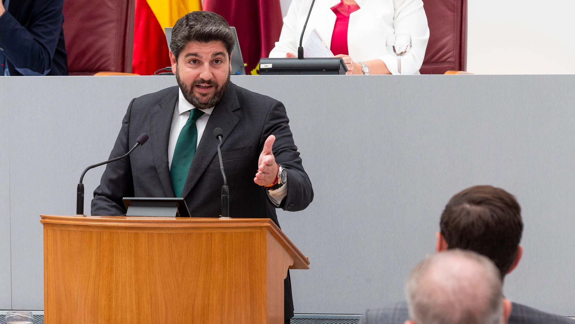 CARTAGENA (MURCIA), 19/06/2024.- El presidente de la Región de Murcia, Fernando López Miras, durante su intervención este miércoles en la segunda sesión del pleno de debate del estado de la Región, en la Asamblea Regional de Murcia en Cartagena. EFE/Marcial Guillén
