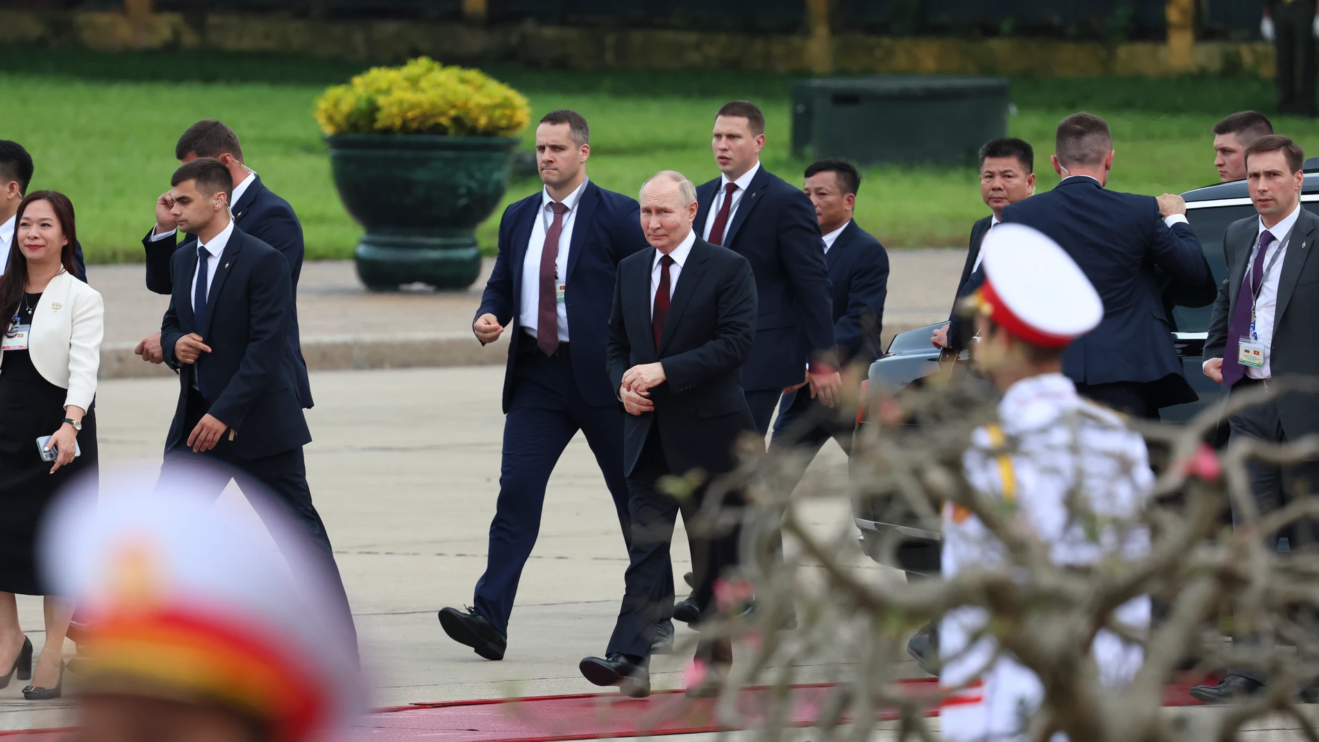 Russia's President Vladimir Putin reacts at the Ho Chi Minh Mausoleum during his visit to Hanoi, Vietnam, Thursday, June 20, 2024. (Athit Perawongmetha/Pool Photo via AP)